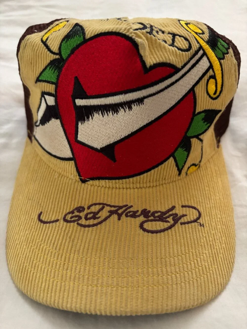 Ed Hardy Corduroy Trucker Hat w/Dagger thru Heart-Never Worn, Great Condition